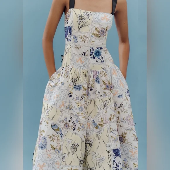 Anthropologie Maeve Cotton Sleeveless Square-Neck Tile Printed Midi Dress Sz L